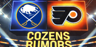 Buffalo Sabres and Philadelphia Flyers logos with the words Cozens rumors below the logos