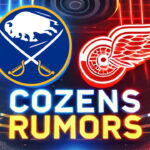 Dylan Cozens Trade Rumors: Red Wings Emerge as Potential Suitor Buffalo Sabres and Detroit Red Wings logos with the words Cozens rumors below the logos