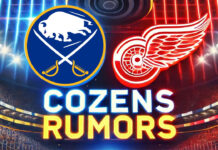 Buffalo Sabres and Detroit Red Wings logos with the words Cozens rumors below the logos