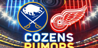 Buffalo Sabres and Detroit Red Wings logos with the words Cozens rumors below the logos