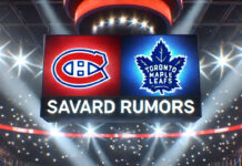 Montreal Canadiens and Toronto Maple Leafs logos side-by-side with the words Savard rumors below the logos