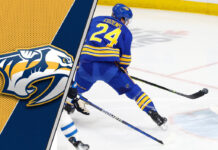 Dylan Cozens of the Buffalo Sabres skates with the puck.