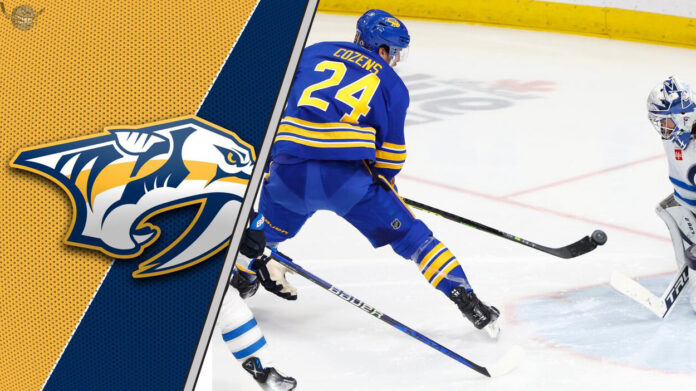 What Would a Cozens Trade Look Like? Dylan Cozens of the Buffalo Sabres skates with the puck.