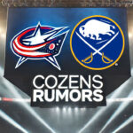 Columbus Blue Jackets Rumors: Dylan Cozens Trade a Possibility? Columbus Blue Jackets and Buffalo Sabres logos with the words Cozens rumors below the logos