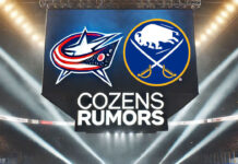 Columbus Blue Jackets and Buffalo Sabres logos with the words Cozens rumors below the logos
