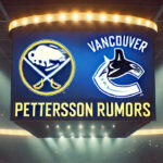 Vancouver Canucks Rumors Swirling: Could Elias Pettersson be on the Move? Buffalo Sabres and Vancouver Canucks logos with the words Elias Pettersson rumors below the logos