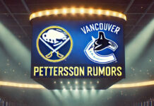 Buffalo Sabres and Vancouver Canucks logos with the words Elias Pettersson rumors below the logos