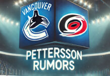 Vancouver Canucks and Carolina Hurricanes logo side-by-side with the words Pettersson rumors below the logos