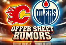 Calgary Flames and Edmonton Oilers logos side-by-side with the words Offer Sheet Rumors below the logos