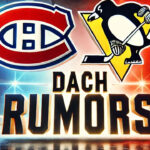 Montreal Canadiens and Pittsburgh Penguins logos with the words Kirby Dach rumors below the logos