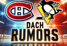 Montreal Canadiens and Pittsburgh Penguins logos with the words Kirby Dach rumors below the logos
