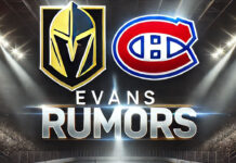 Vegas Golden Knights Logos and Montreal Canadiens logo side-by-side with the words Jake Evans rumors below the logos