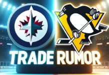 Winnipeg Jets and Pittsburgh Penguins logos side-byside with the words NHL trade rumors below the logo.