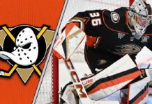 John Gibson of the Anaheim Ducks making a save. Will he be traded to the Colorado Avalanche?