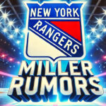 New York Rangers Rumors: Is K’Andre Miller the Next to Be Traded? New York Rangers logo with the words K'Andre Miller rumors below the logo
