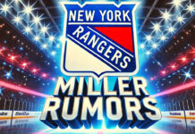 New York Rangers logo with the words K'Andre Miller rumors below the logo