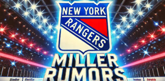 New York Rangers logo with the words K'Andre Miller rumors below the logo