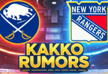 Buffalo Sabres and New York Rangers logos side-by-side with the words Kakko Rumors below the logos