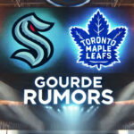 Leafs Eyeing Yanni Gourde? Toronto Maple Leafs Rumors Swirl Around Kraken Center Seattle Kraken and Toronto Maple Leafs logos with the words Gourde Rumors below the logos