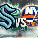 Seattle Kraken logo vs. New York Islanders logo. How to watch the game tonight.