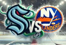 Seattle Kraken logo vs. New York Islanders logo. How to watch the game tonight.