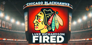 Chicago Blackhawks logo with the words Luke Richardson fired below the logo