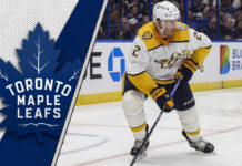 Luke Schenn in his Nashville Predators jersey. Will he be traded to the Toronto Maple Leafs?