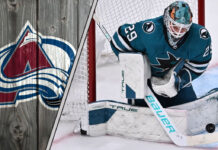 Mackenzie Blackwood in his Colorado Avalanche jersey making a save.