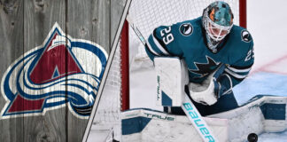 Mackenzie Blackwood in his Colorado Avalanche jersey making a save.