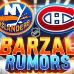 Montreal Canadiens Rumors: Blockbuster Trade for Mathew Barzal? Montreal Canadiens and New York Islanders logos side-by-side with the words Barzal rumors below the logos