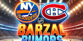 Montreal Canadiens and New York Islanders logos side-by-side with the words Barzal rumors below the logos