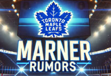 Toronto Maple Leafs logo with the words Mitch Marner rumors below the logo