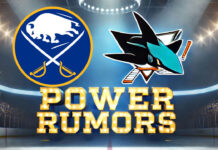 Buffalo Sabres and San Jose Sharks logos side-by-side with the words Power Rumors below the logos