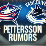 Canucks Rumors: Elias Pettersson to Blue Jackets for Ivan Provorov? Columbus Blue Jackets and Vancouver Canucks logos side-by-side with the words Pettersson rumors below the logos