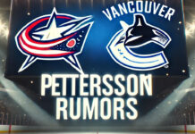 Columbus Blue Jackets and Vancouver Canucks logos side-by-side with the words Pettersson rumors below the logos