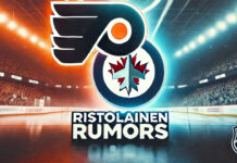 Philadelphia Flyers and Winnipeg Jets logos side-by-side with the words Ristolainen rumors below the logos