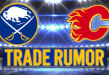 Buffalo Sabres and Calgary Flames logos side-by-side with the words NHL trade rumors below the logos