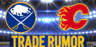 Buffalo Sabres and Calgary Flames logos side-by-side with the words NHL trade rumors below the logos