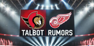 Ottawa Senators and Detroit Red Wings logos with the words Talbot rumors below the logos