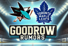 San Jose Sharks and Toronto Maple Leafs logos with the words Goodrow rumors below the logos
