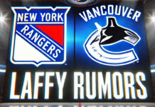 New York Rangers and Vancouver Canucks logos side-by-side with the words Laffy rumors below the logos