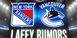New York Rangers and Vancouver Canucks logos side-by-side with the words Laffy rumors below the logos
