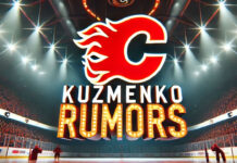 Calgary Flames logo with the words Kuzmenko rumors below the logo