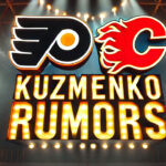 Philadelphia Flyers and Calgary Flames logos with the words Kuzmenko rumors below the logo