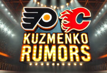 Philadelphia Flyers and Calgary Flames logos with the words Kuzmenko rumors below the logo
