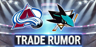 Colorado Avalanche and San Jose Sharks logos with the words NHL trade rumors below the logos