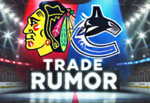 Chicago Blackhawks and Vancouver Canucks logos with the words trade rumor below the logos