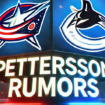 Columbus Blue Jackets and Vancouver Canucks logos with the words Pettersson rumors below the logos
