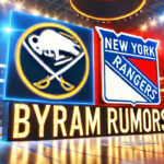 Buffalo Sabres and New York Rangers logos side-by-side with the words Byram rumors below the logos