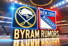 Buffalo Sabres and New York Rangers logos side-by-side with the words Byram rumors below the logos